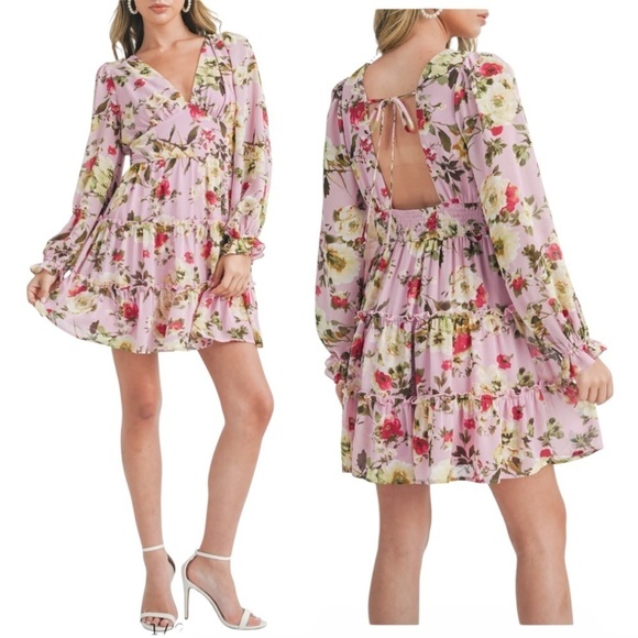 NWT Lush Long Sleeves Open Back Floral Pink Tiered Dress SZ Large - Picture 3 of 10